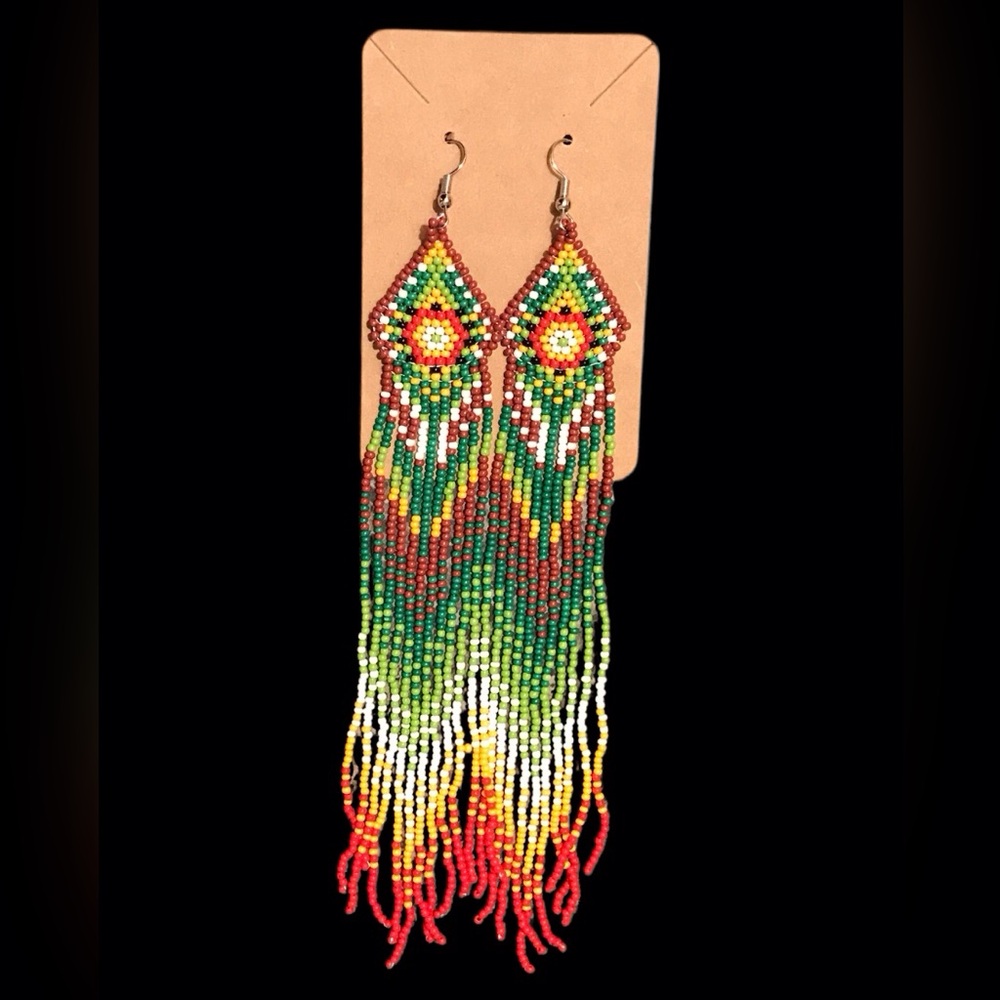 Colorful Beaded Fringe Earrings Boho 8” Red Gold Green Tribal